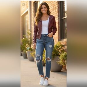 🌙 Wilsons Oxblood Red Fitted Fight Club Cropped Leather Hooded Jacket Size S